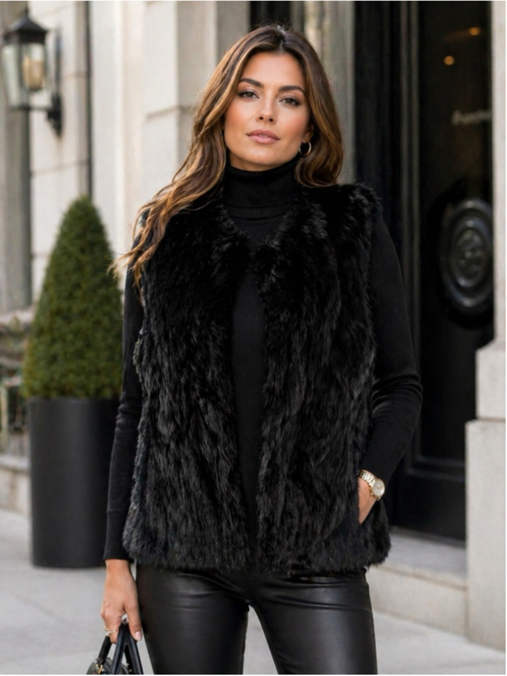 Carrie Allen Rabbit Fur Vest Women XL Real Quiet Luxury Minimal Open Front Black